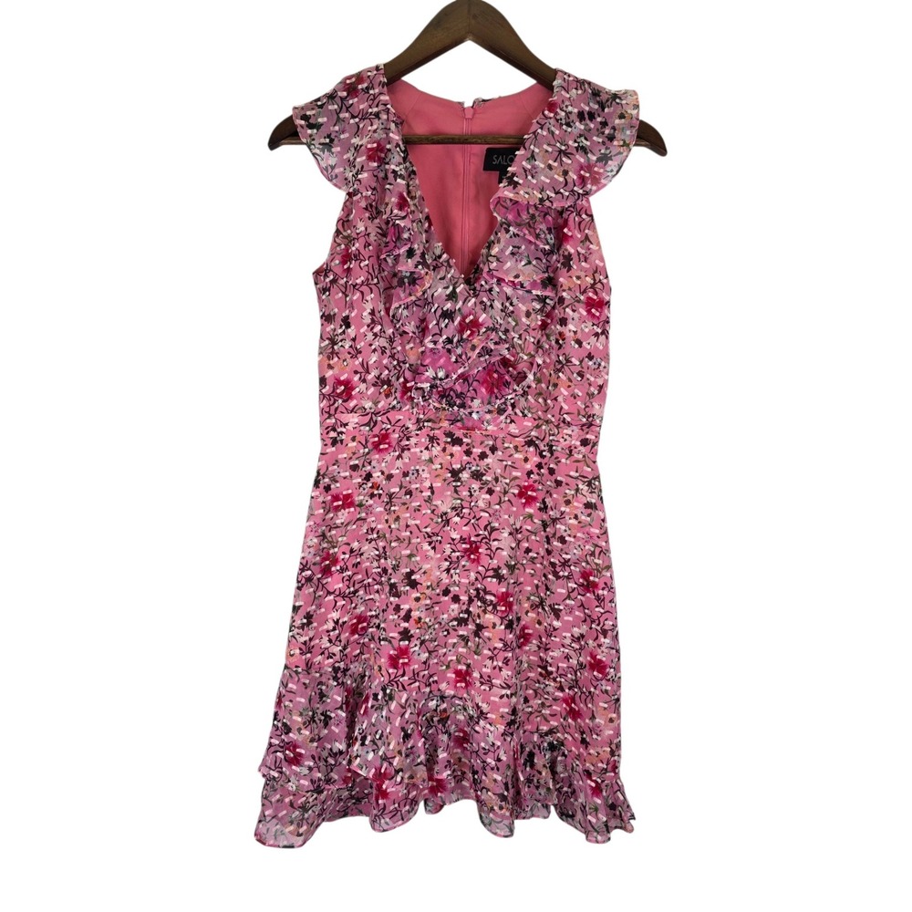 Saloni Cece Dress Womens 4 Pink Silk Blend Ruffled Floral Ruffle Mini Designer